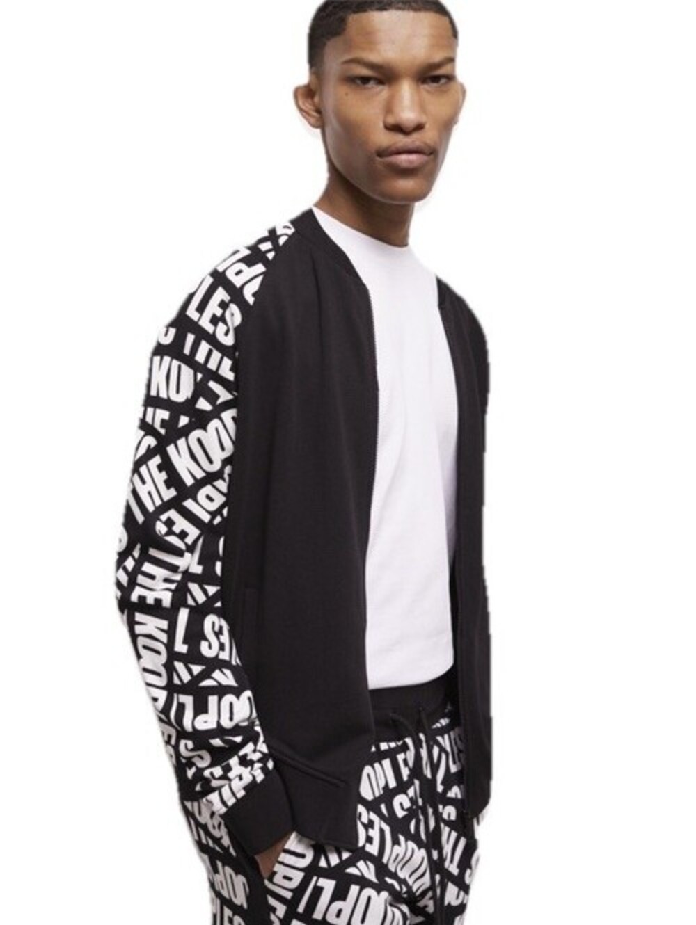 The Kooples Size M NWT Black Full Zip Jacket White Print Logo Sleeve Grunge Goth